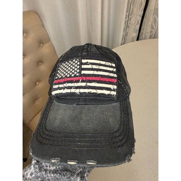Distressed American Flag Black Hat With Thin Red Line - KBETHOS One Size 100% Co - Picture 1 of 11